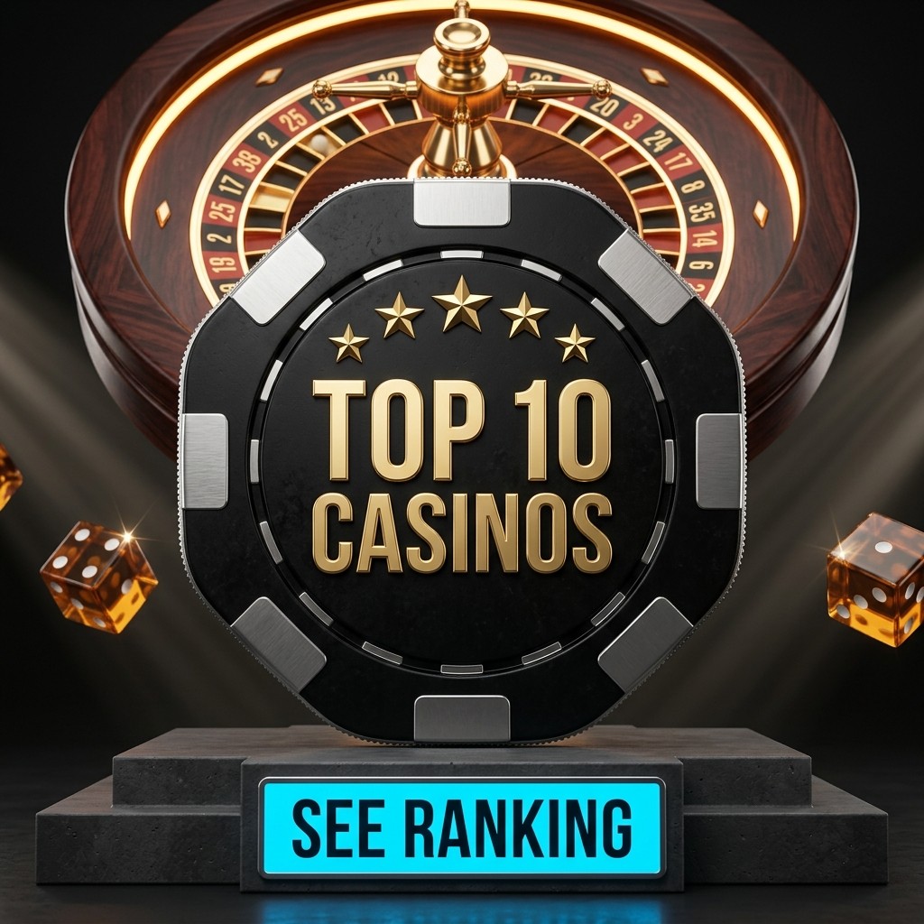 Sellentrake: a black Top 10 Casinos chip on a stone plinth with a See Ranking sign, roulette wheel and dice.